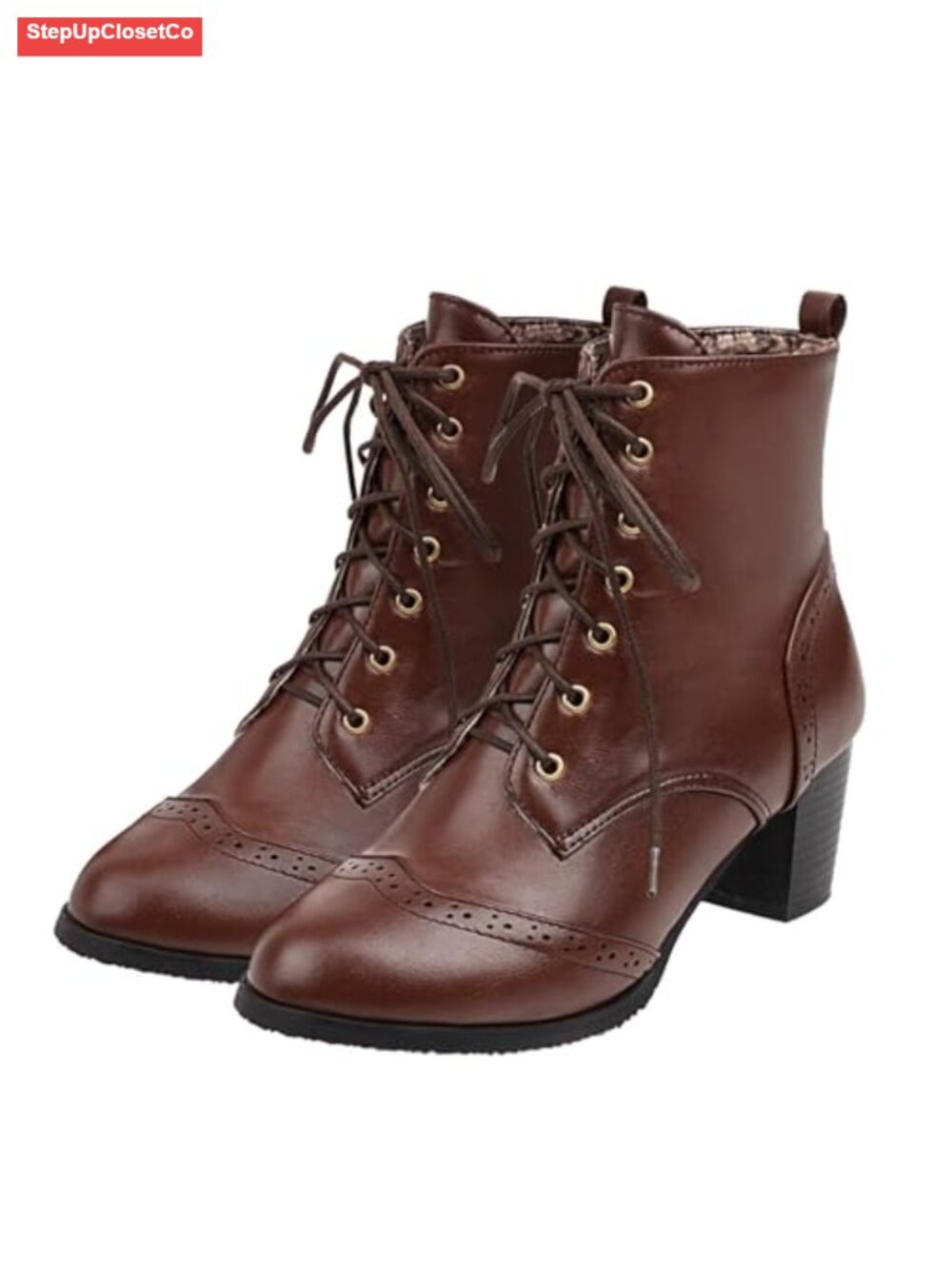 Women's Chunky Block Heel Lace Up Ankle Boots Round Toe Brogue Bootie